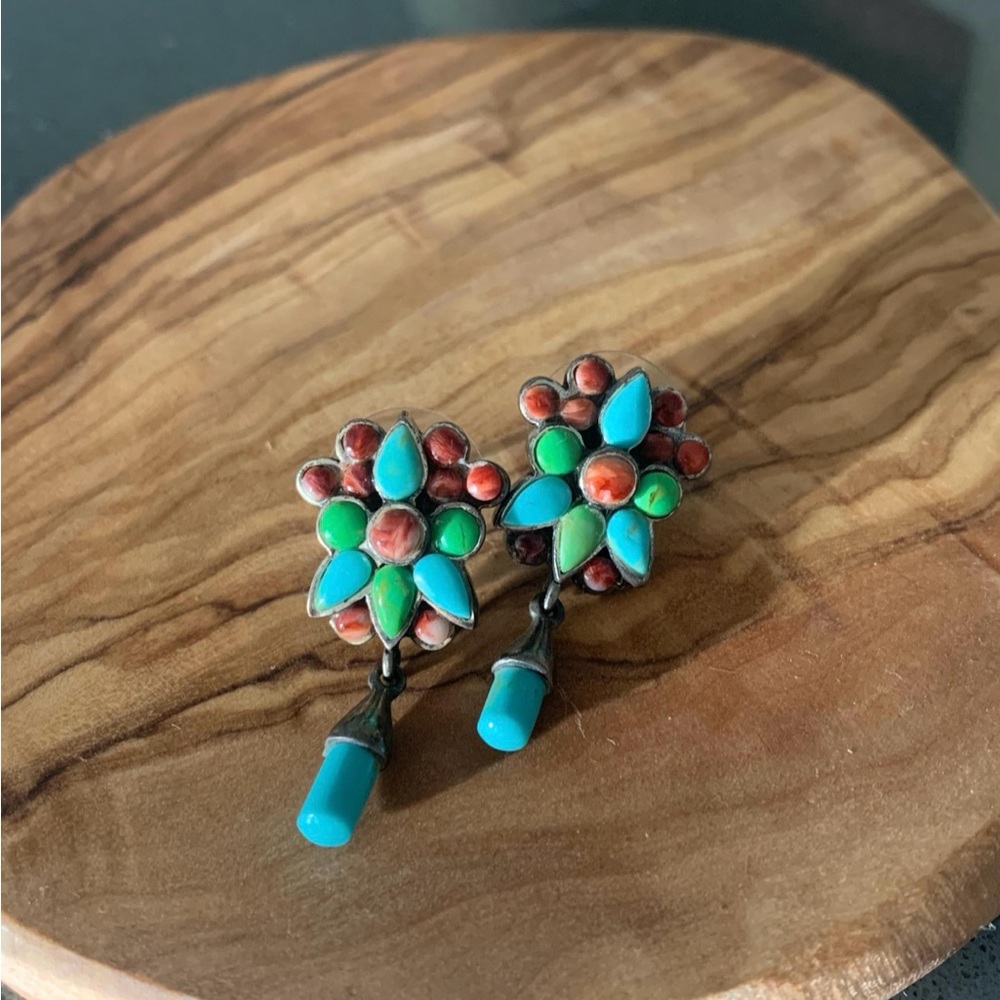Turquoise and Coral Floral Earrings Cluster Western Style Sterling Silver